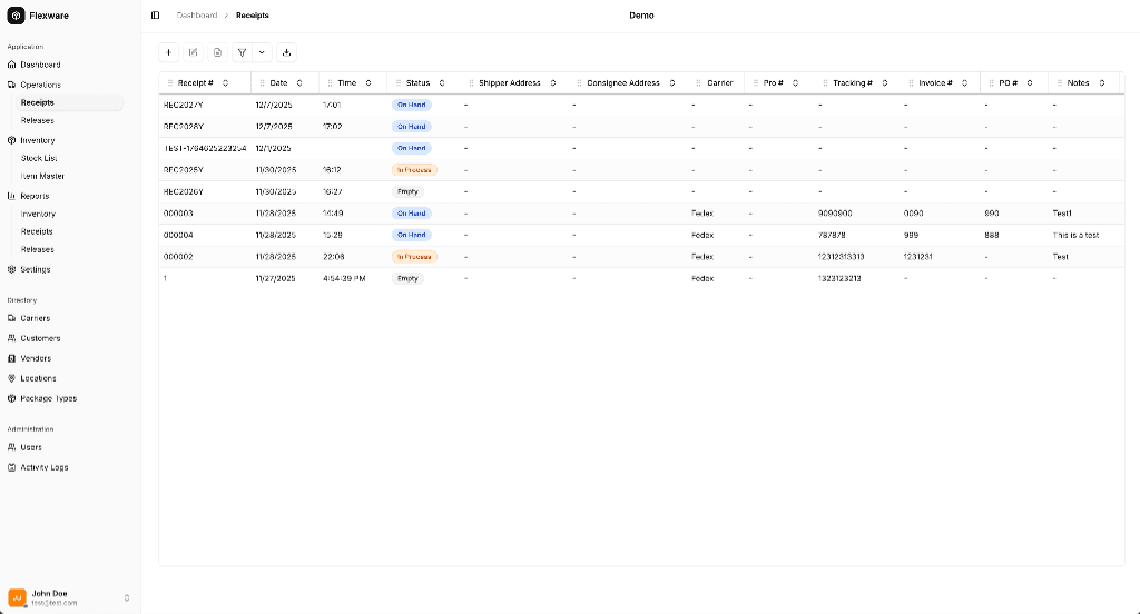 Flexware Dashboard - Receipts